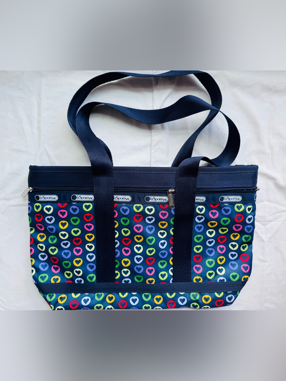 LeSportsac Navy Tote with Multicolor Heart Print